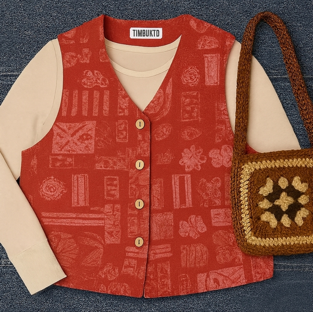 Vintage Timbuktu Station 100% Linen Vest Sz 3 (L/XL) Red Abstract Print